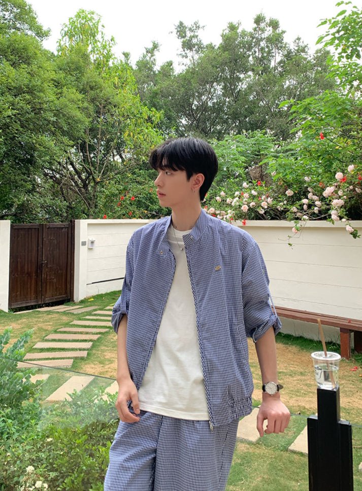 Blue plaid long sleeve casual jacket shorts