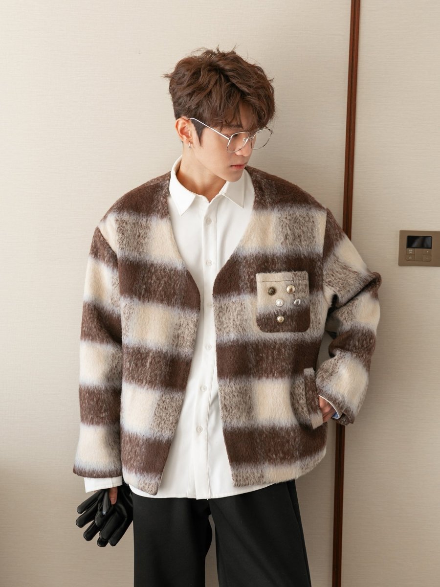 Check pattern V neck wool jacket