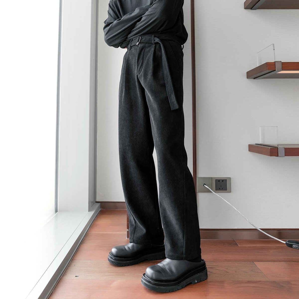 Corduroy Straight Belt Slacks