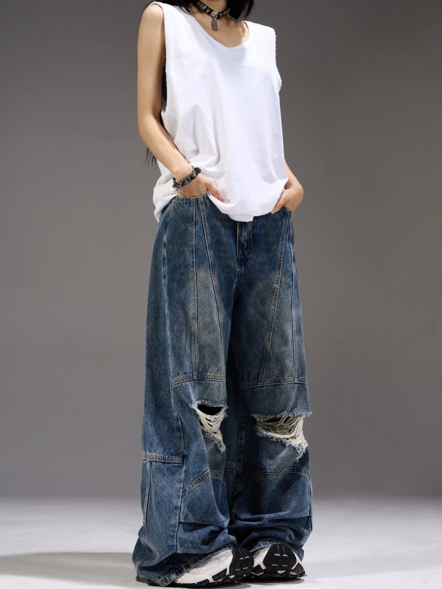 Damaged wide denim pants