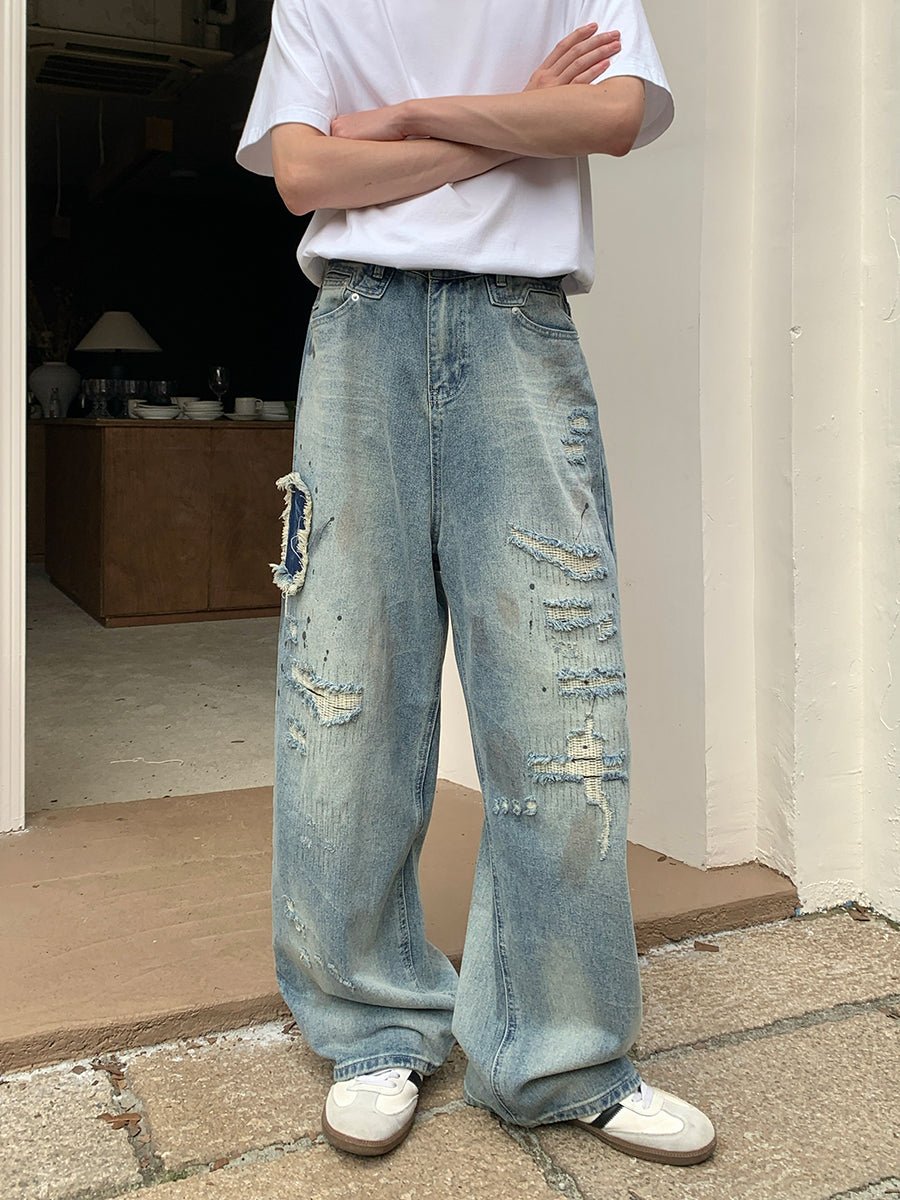 Damaged wide denim pants