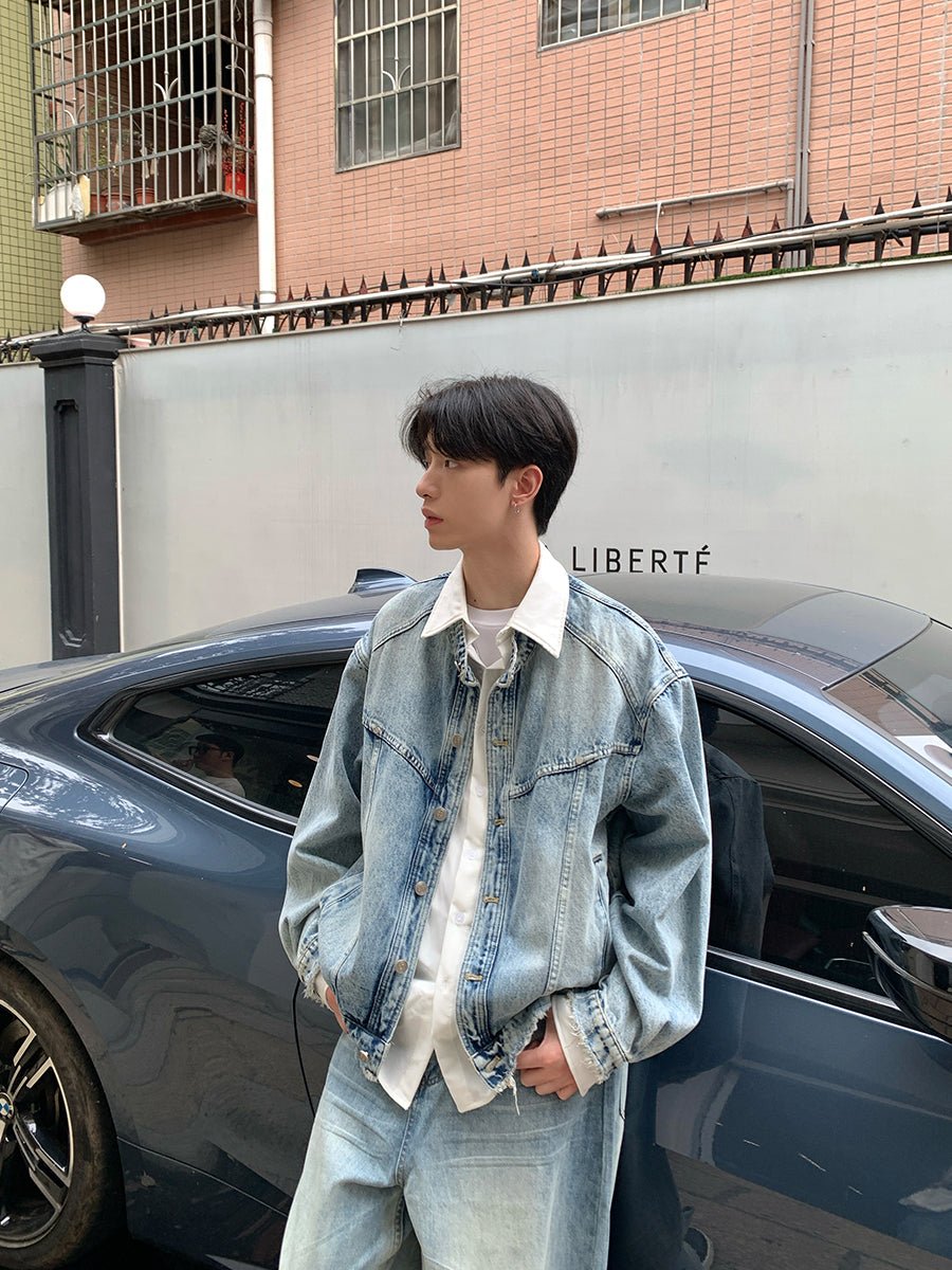 Faux layered shirt denim jacket