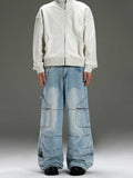 Multi-pocket wide denim pants