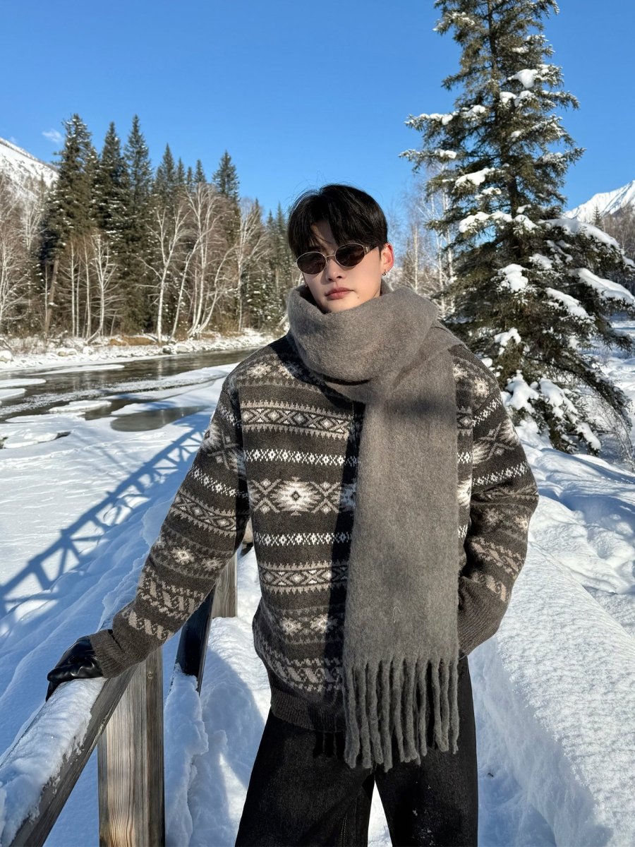 フェアアイル柄ウールジップスタンドニット