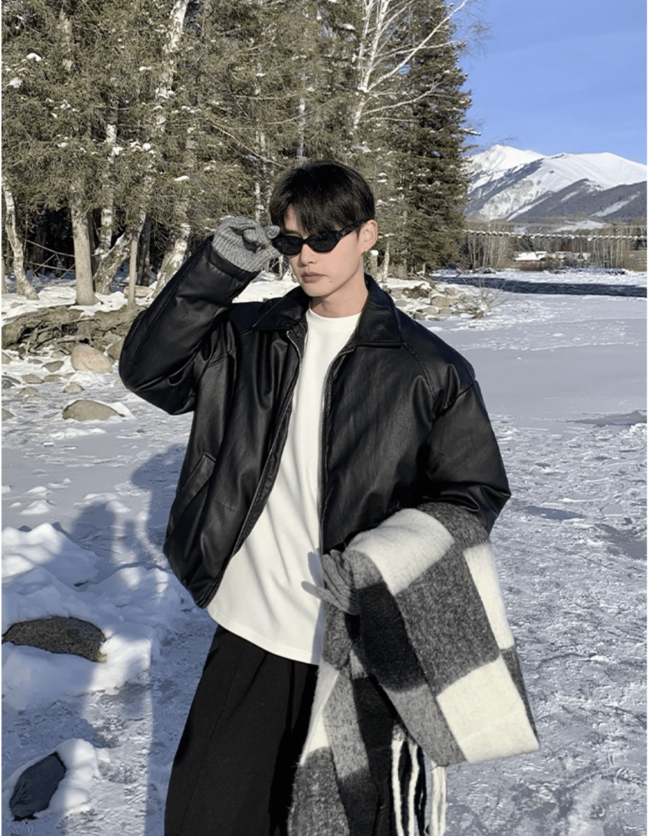 ミニマルスタンドカラーPUレザーパデッドジャケット