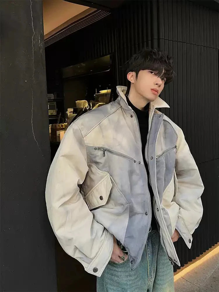 Stand collar marble pattern lapel jacket