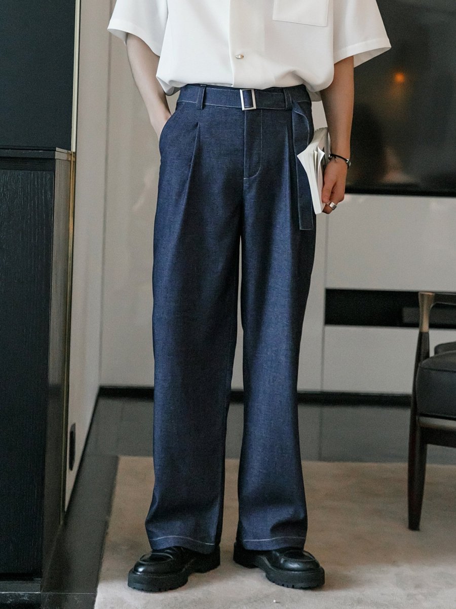 Straight denim belt pants