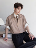 【ネクタイ付き重ね着風デザイン】Striped short sleeve tie shirt